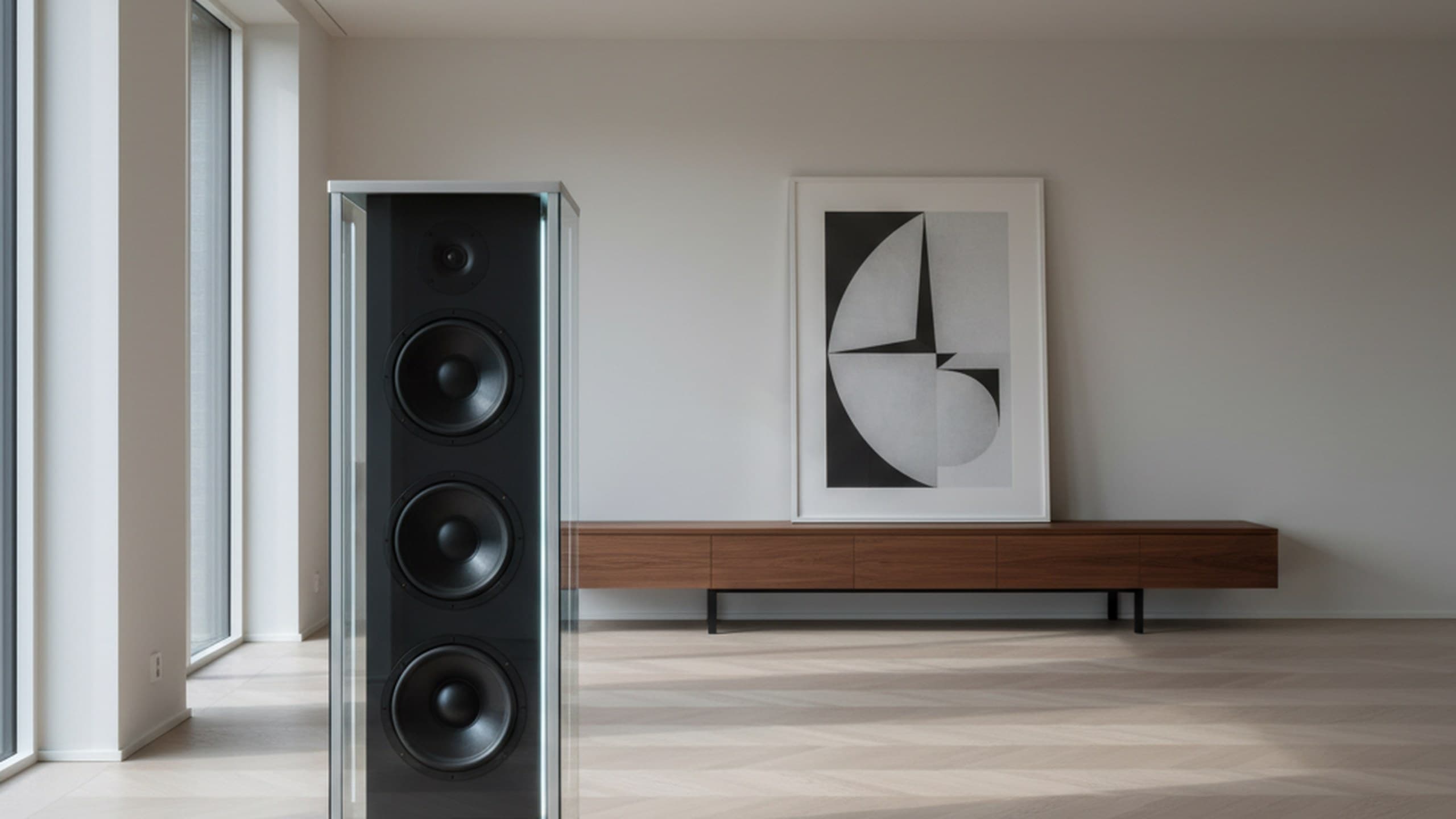 AUREN One speaker in Pearl finish on a walnut console in a sunlit Copenhagen apartment.